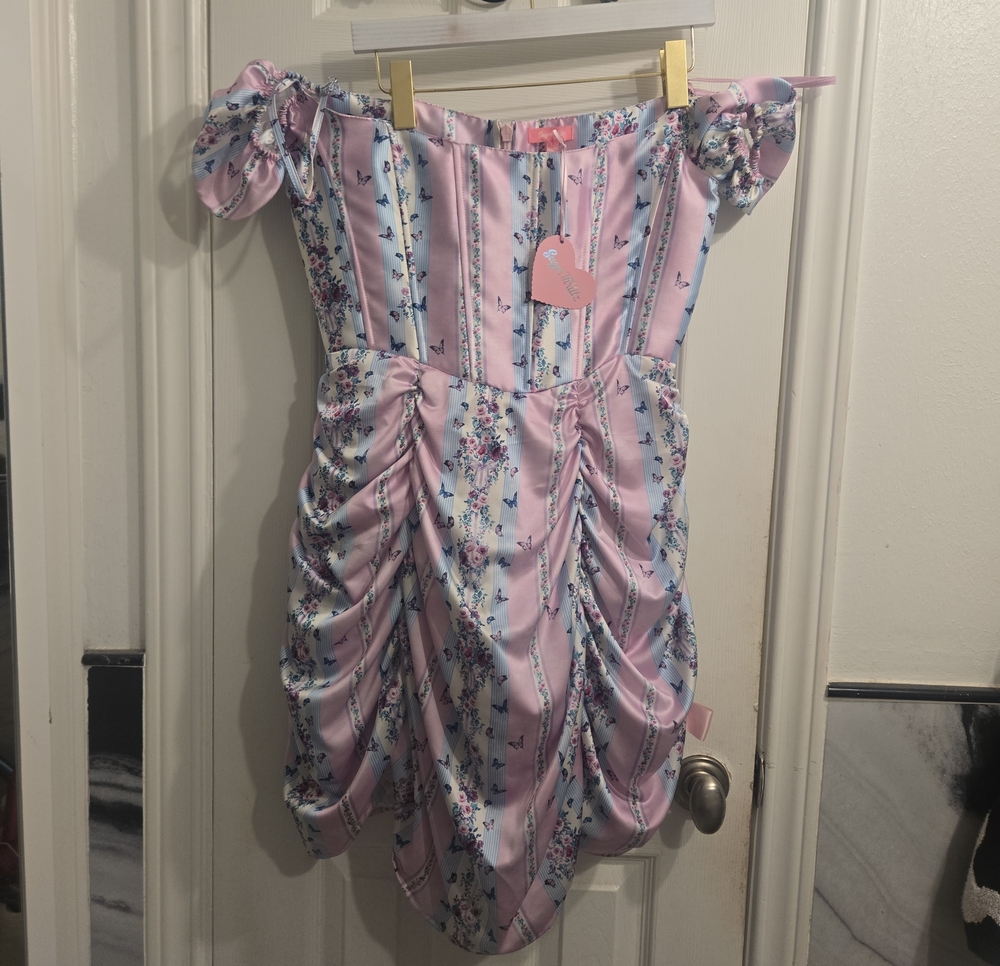 Dolls Kill Pastel Pink and Light Blue Floral Off-Shoulder Mini Dress